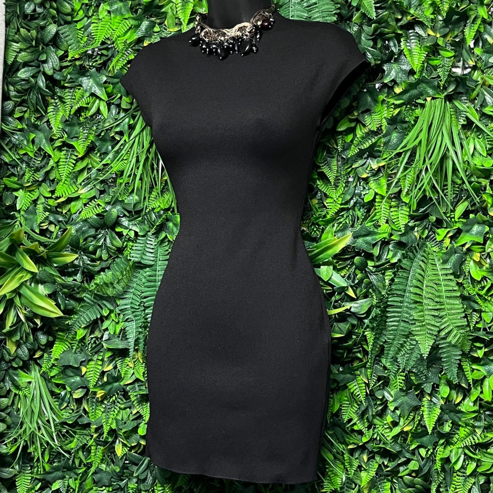 Zara Dress Small Black Cap Sleeve Bodycon Mini Mock‎ Neck Stretch Knit 3731